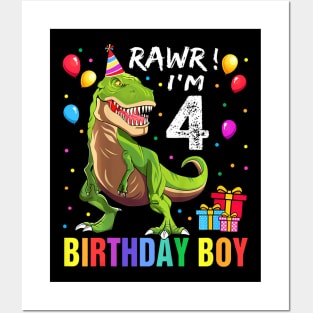 Kids Year Old 4th Birthday Boy T Rex Dinosaur Posters and Art